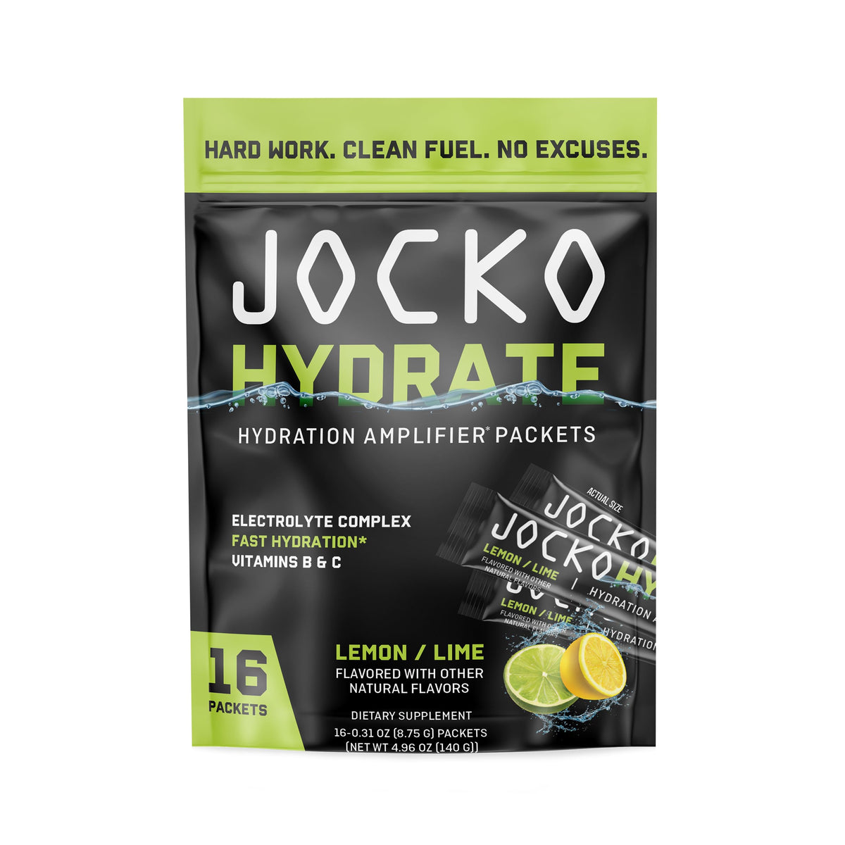 packets jocko fuel versés dans une boisson citron-vert pour hydratation rapide