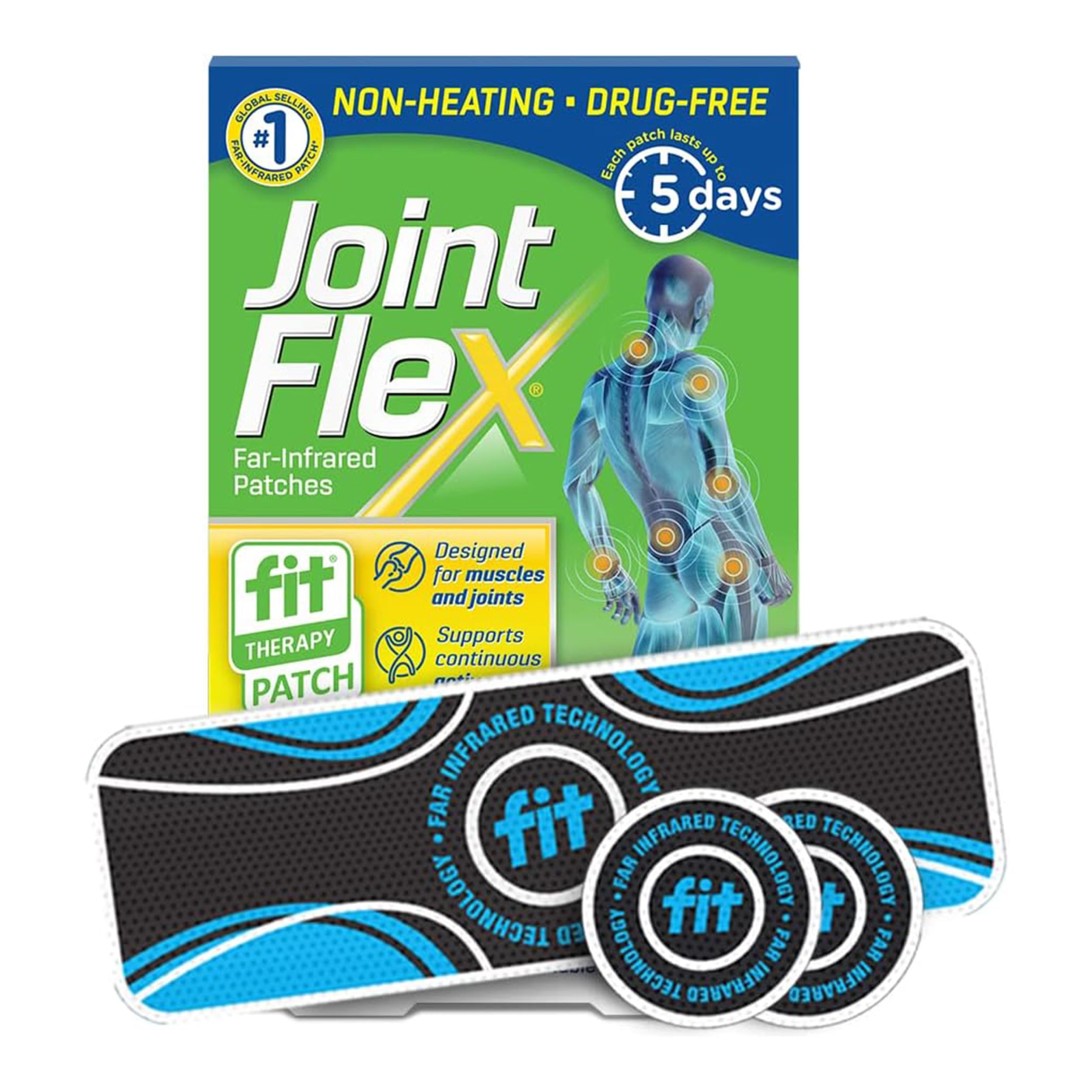 JointFlex pansement infrarouge rectangulaire appliqué sur la peau, soutien durable de la mobilité.