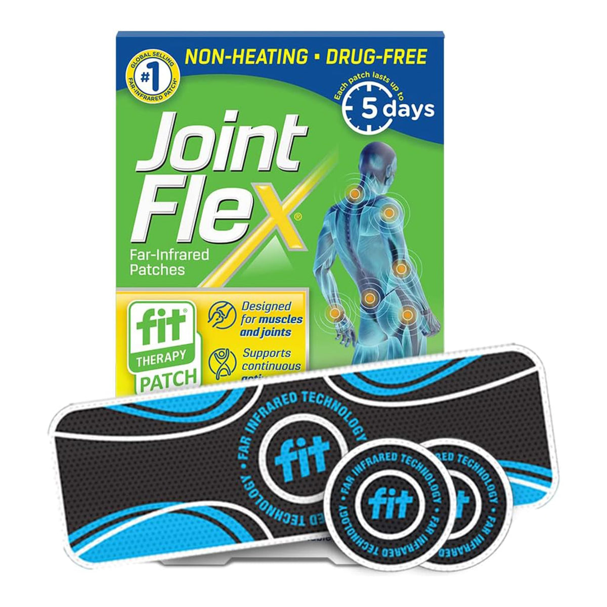 JointFlex pansement infrarouge rectangulaire appliqué sur la peau, soutien durable de la mobilité.