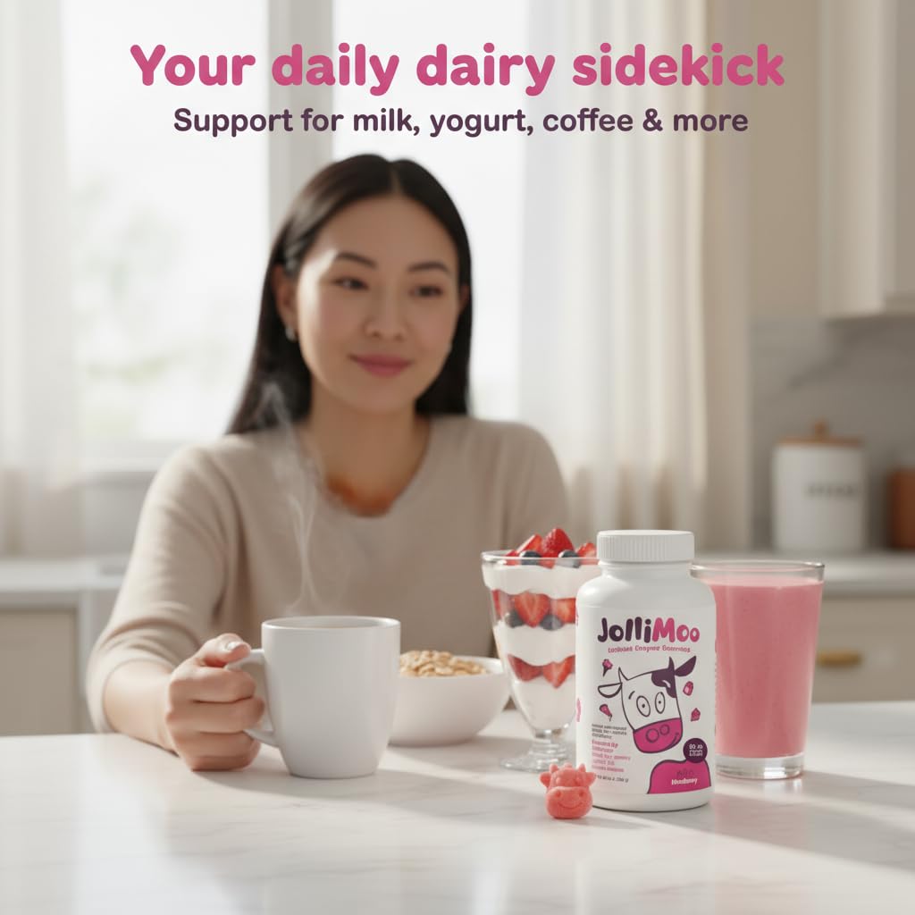 JolliMoo flacon gommes lactase 9000+, faciles à emporter avec les repas.