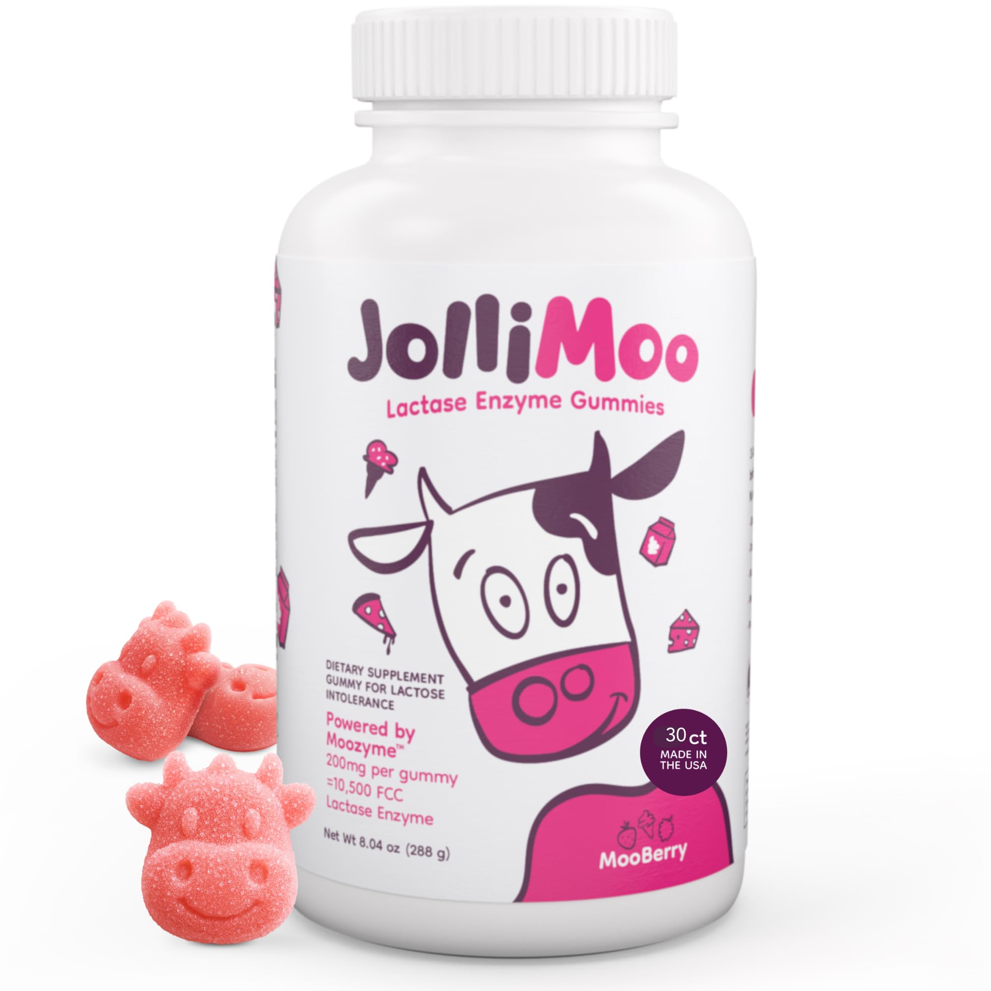 JolliMoo gommes lactase 9000+, texture douce et digestion pratique après produits laitiers.
