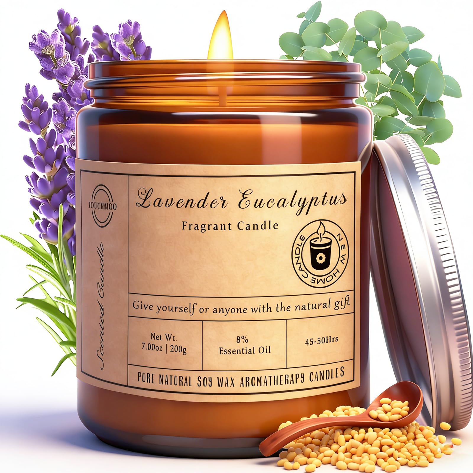 Bougie JOUCEMOO Lavande Eucalyptus – ambiance apaisante dans le salon.
