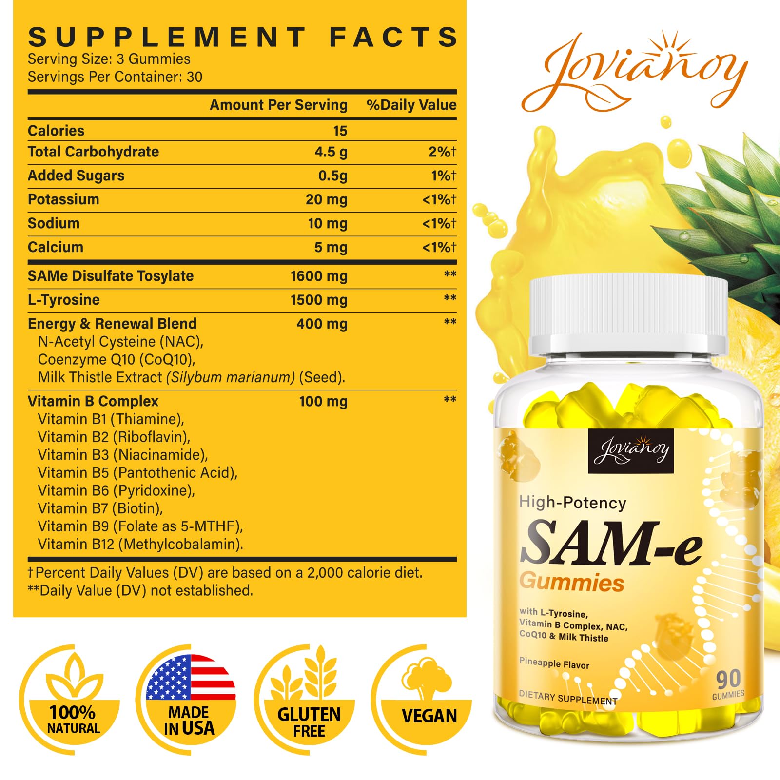 Gommes Jovianoy SAM-e arôme ananas, plaisir aromatique pour une pause bien-être.
