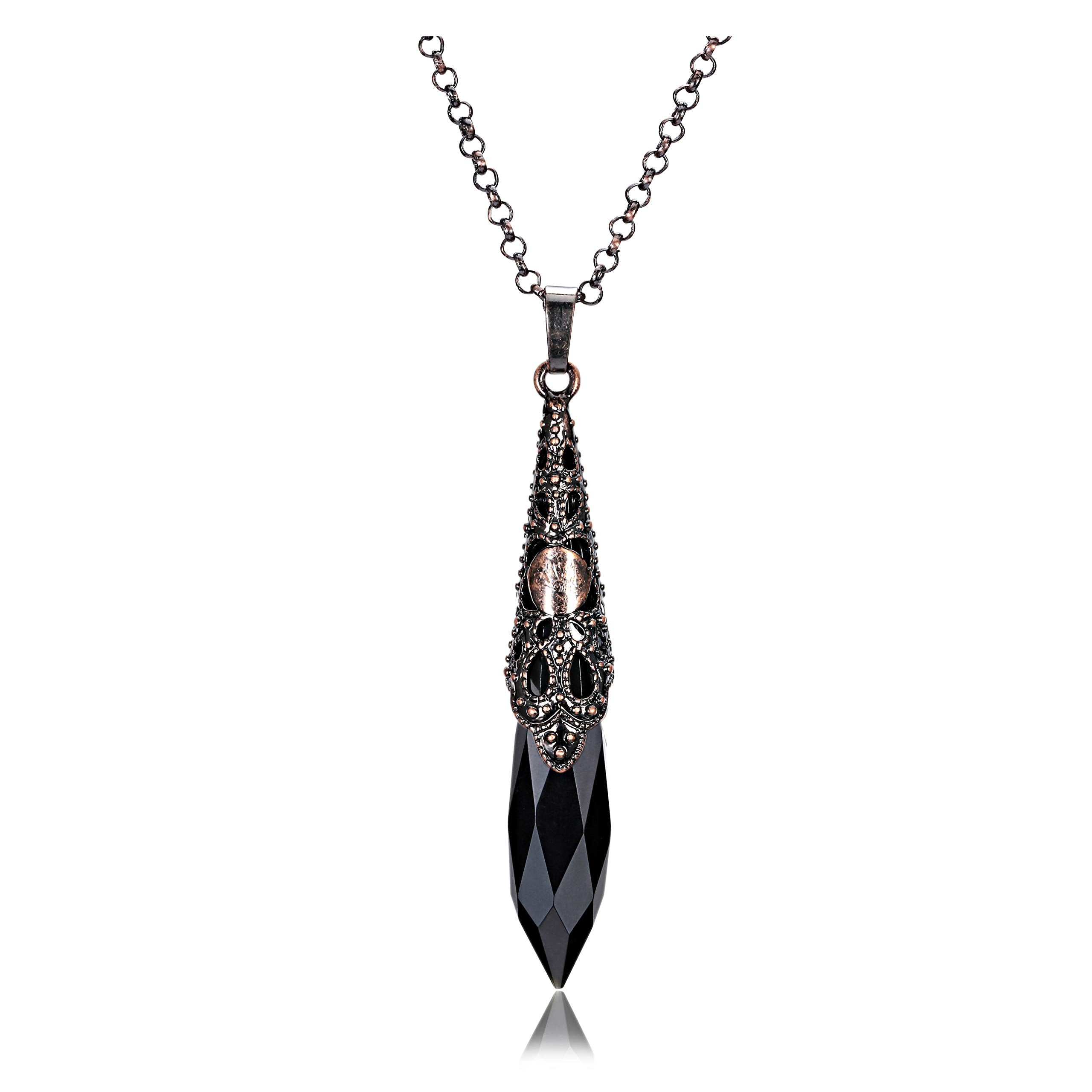 Pendentif Jovivi obsidienne noire en bronze avec fleur, idéal pour méditation.