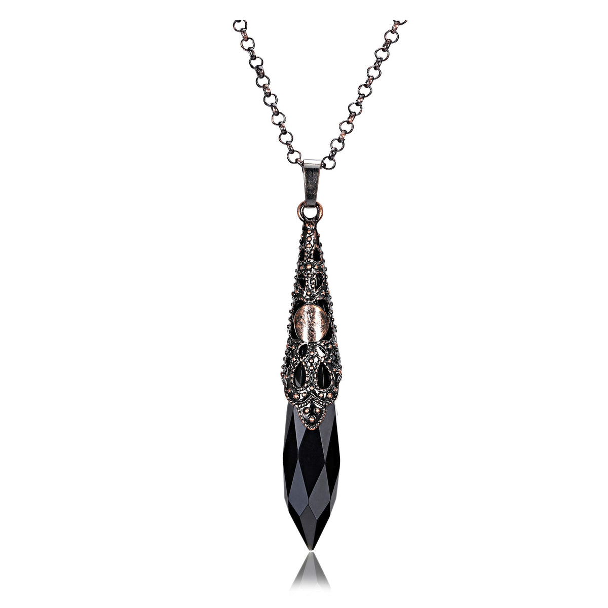 Pendentif Jovivi obsidienne noire en bronze avec fleur, idéal pour méditation.