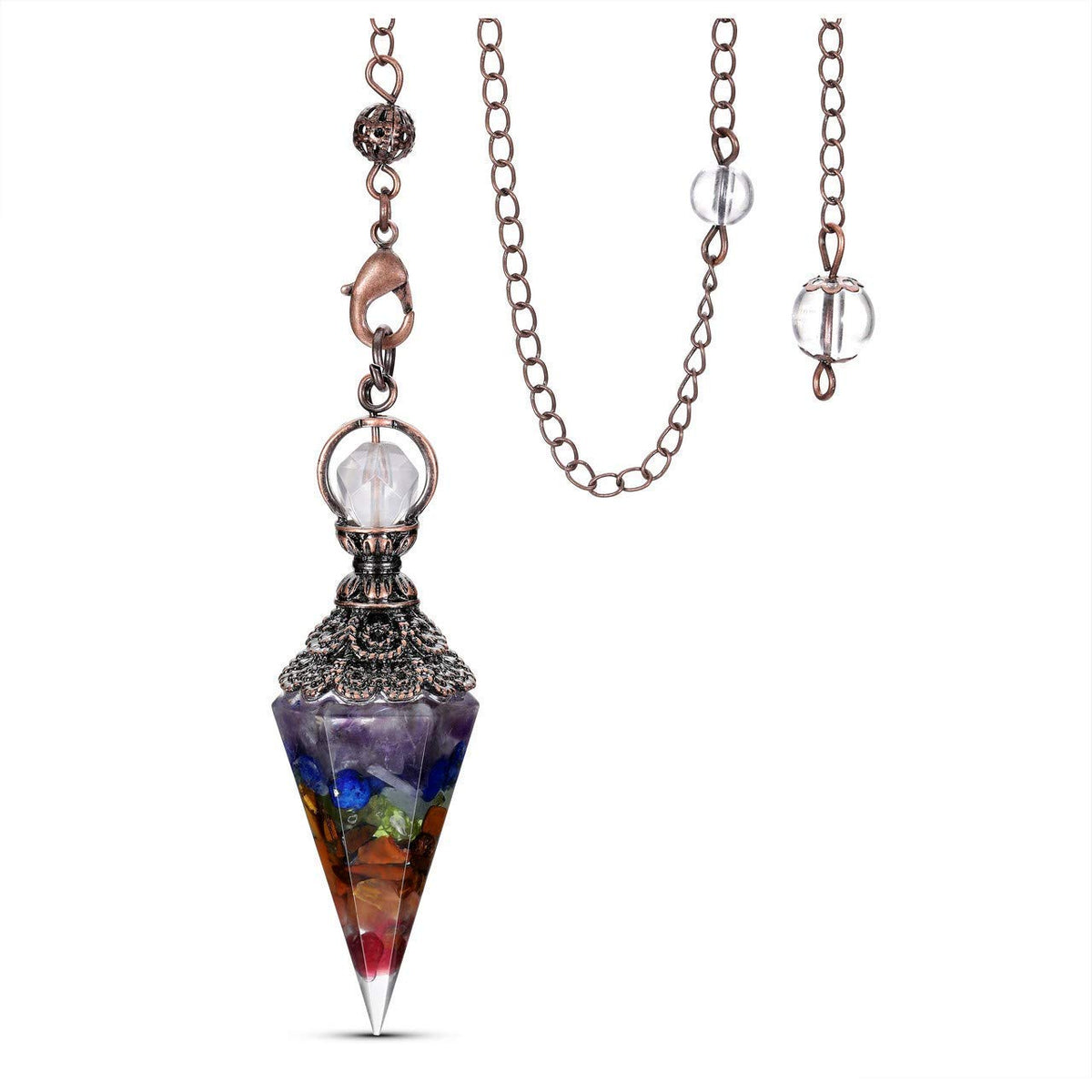 Jovivi pendule cristal 7 chakras en pointe conique, outil de radiesthésie précis et zen.