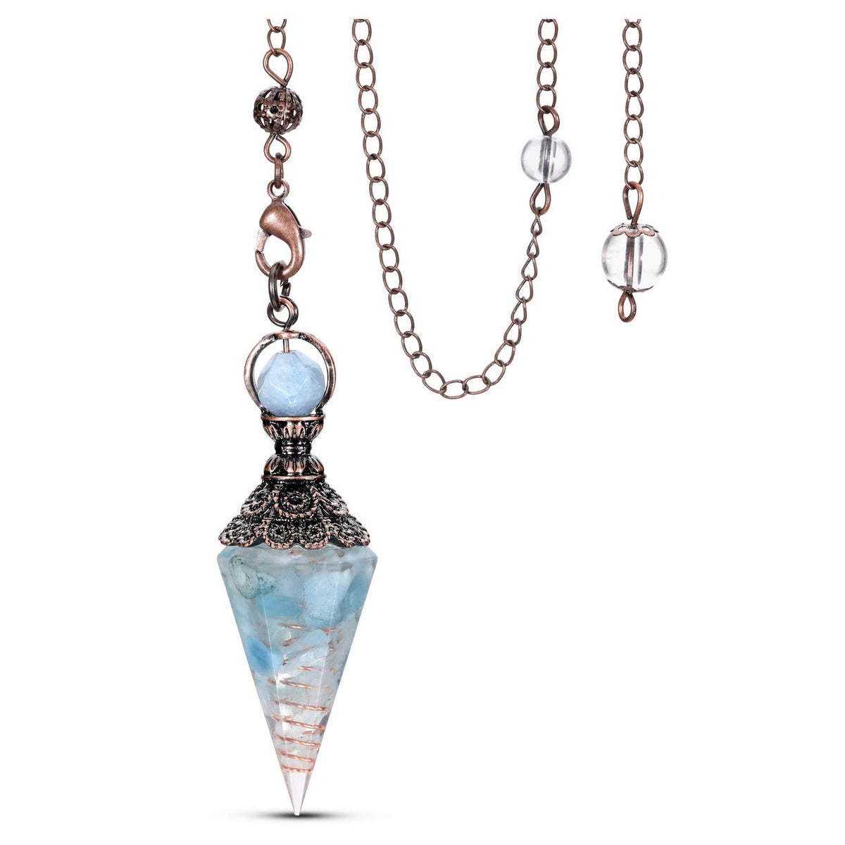 Pendule Jovivi aquamarine, pointe hexagonale, précision utile pour la radiesthésie.