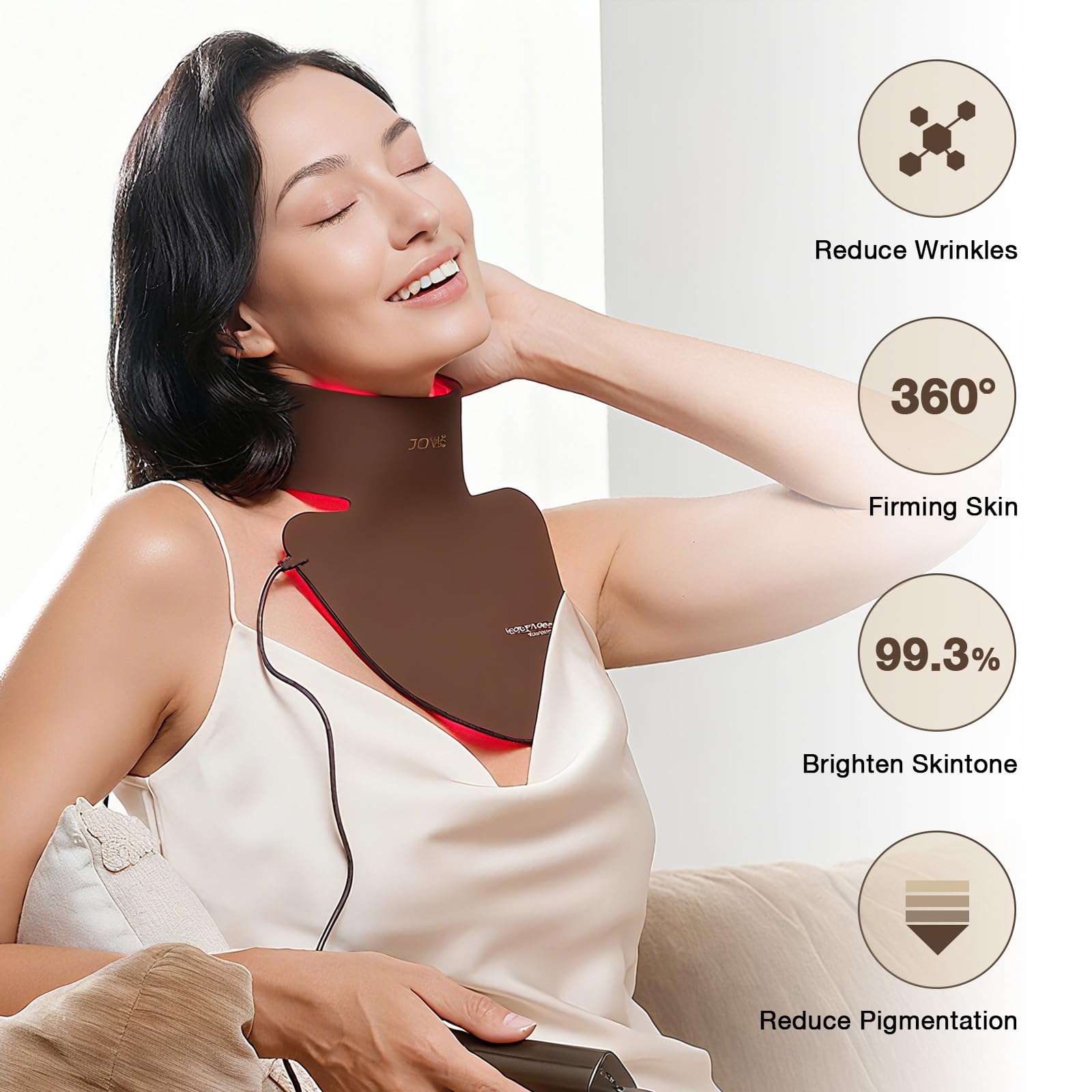 Masque LED JOVS, utilisation facile sur le cou et décolleté.
