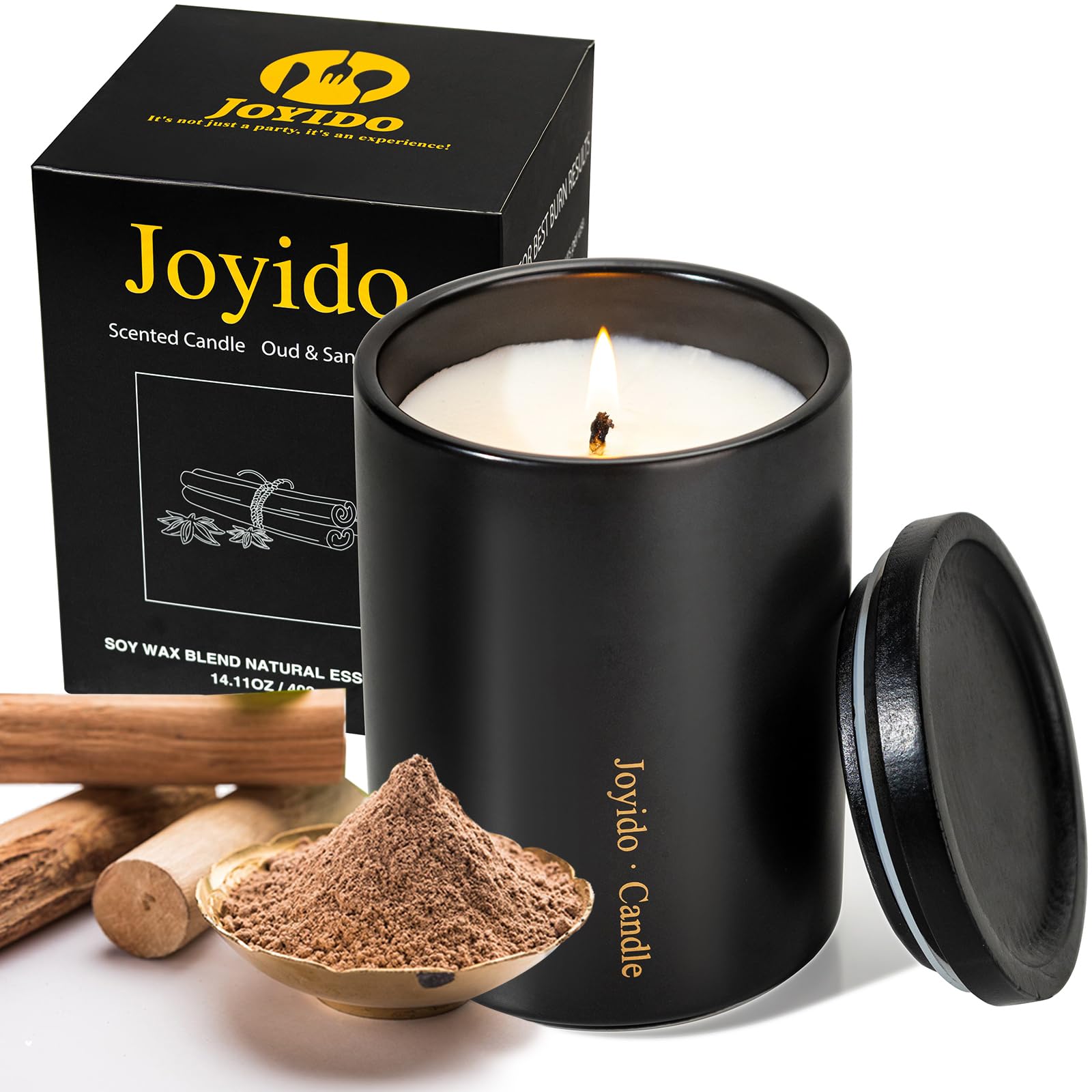 Joyido bougie oud-santal dans pot noir en céramique, ambiance chaleureuse et sophistiquée