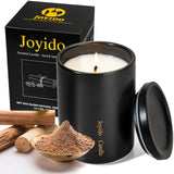 Joyido bougie oud-santal dans pot noir en céramique, ambiance chaleureuse et sophistiquée