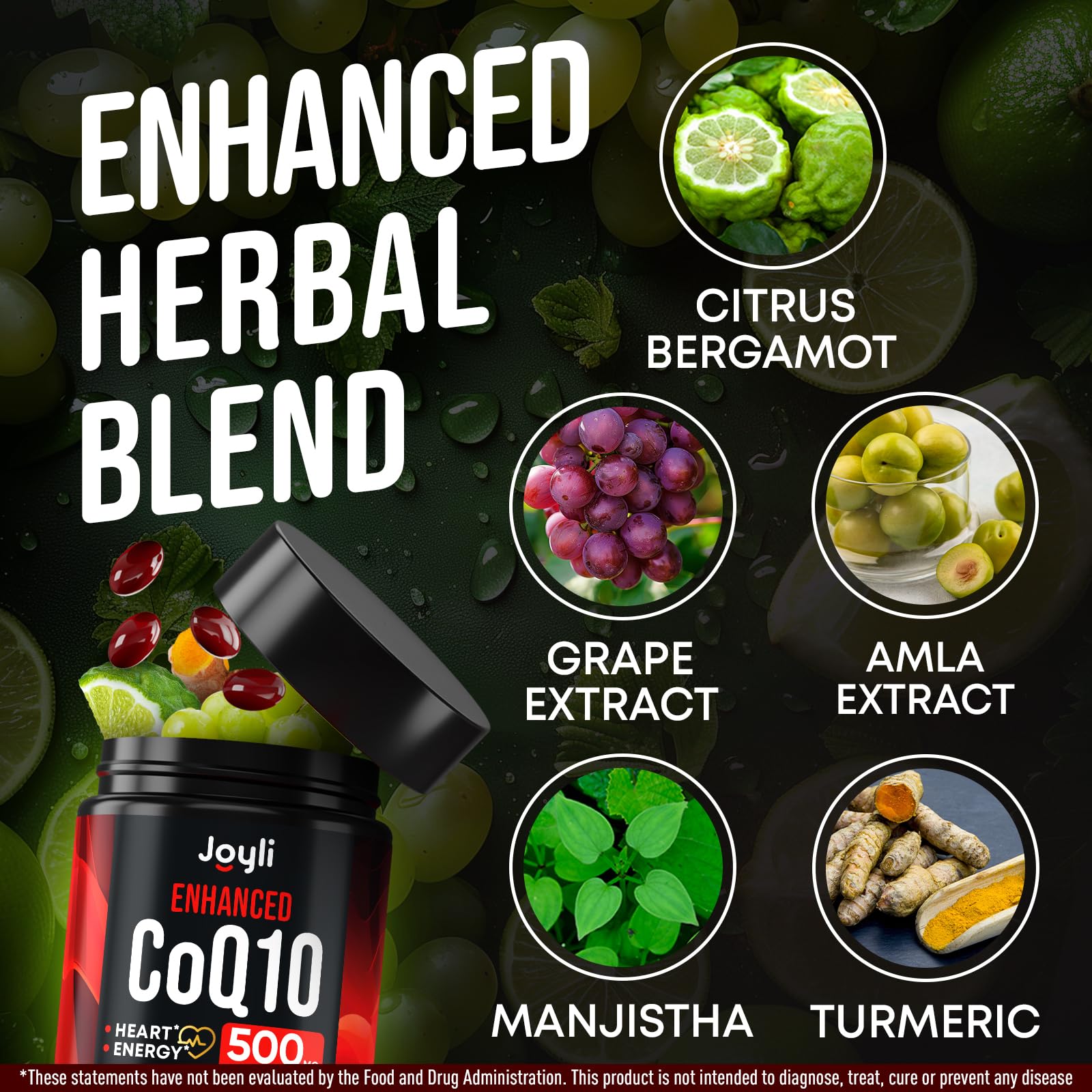JOYLI Nutrition CoQ10 500mg – lumière et reflets sur les gélules, aspect premium.