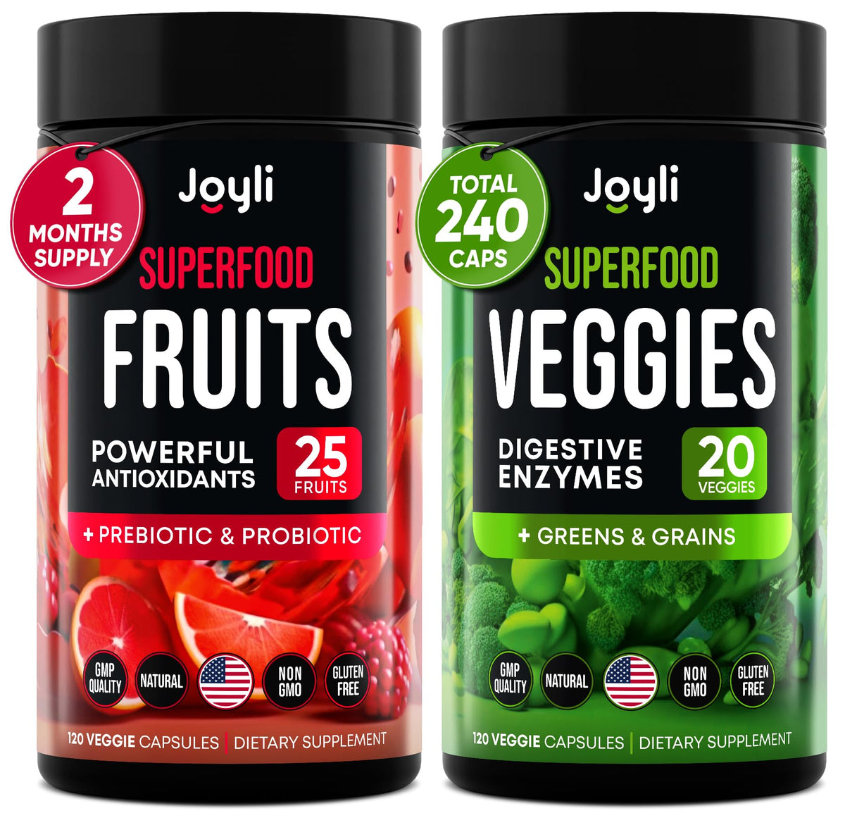 JOYLI Nutrition – capsules rouges et verts, soutien potentiel à l'immunité et à l'énergie.
