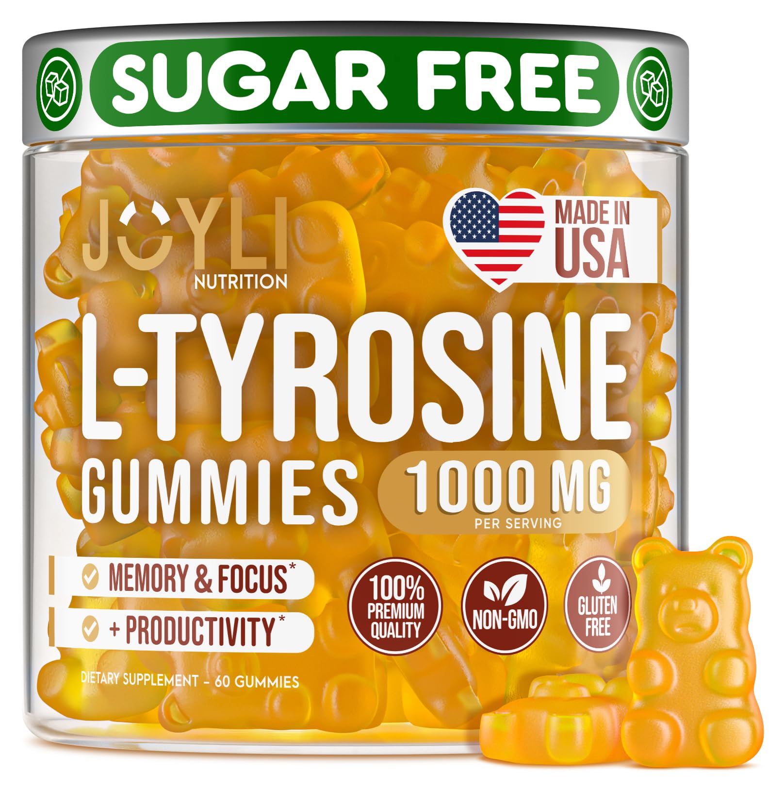 Joyli L-Tyrosine Gummies, bouteille ouverte, énergie durable et concentration potentielles.