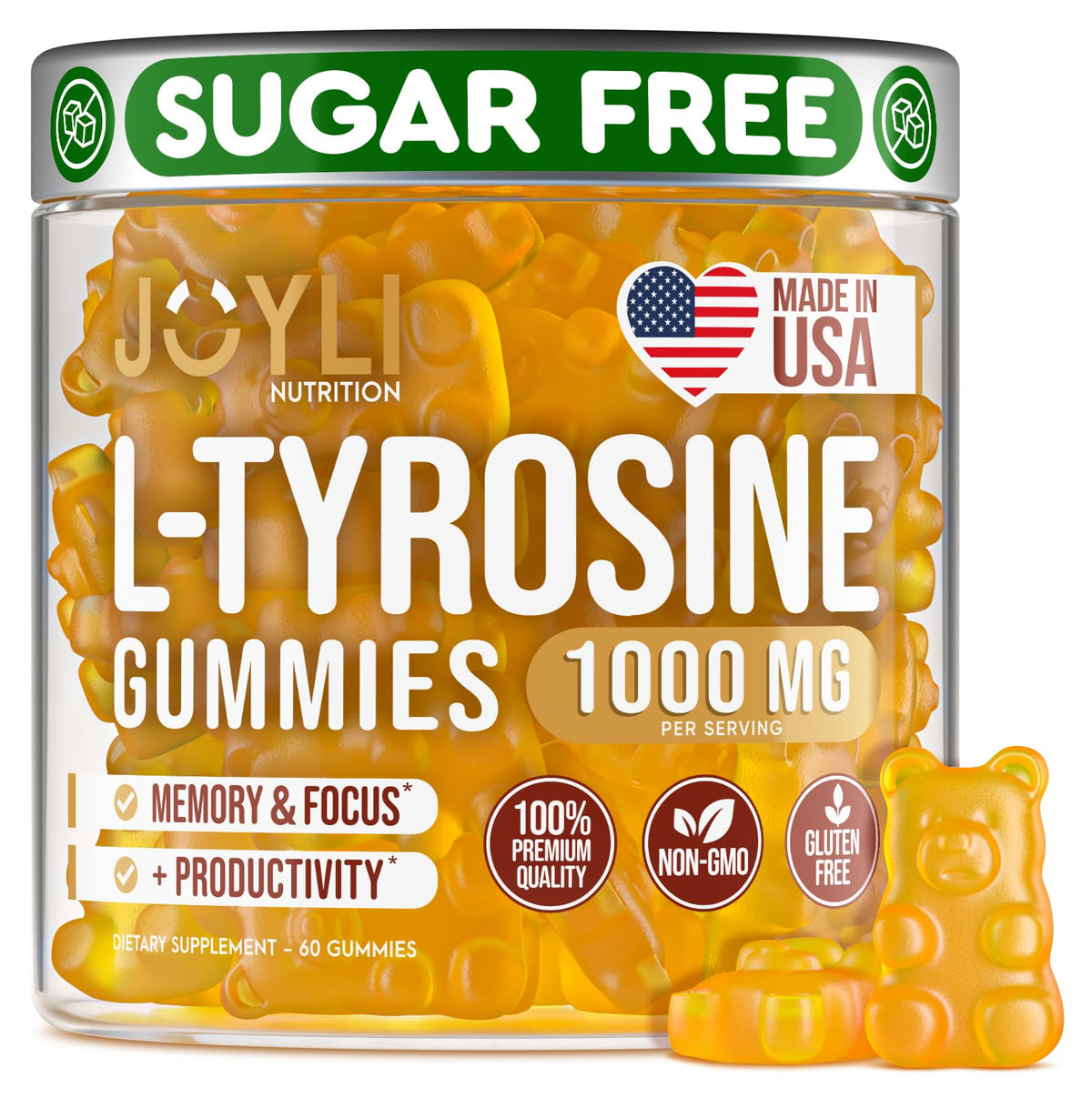 Joyli L-Tyrosine Gummies, bouteille ouverte, énergie durable et concentration potentielles.