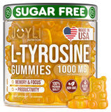 Joyli L-Tyrosine Gummies, bouteille ouverte, énergie durable et concentration potentielles.