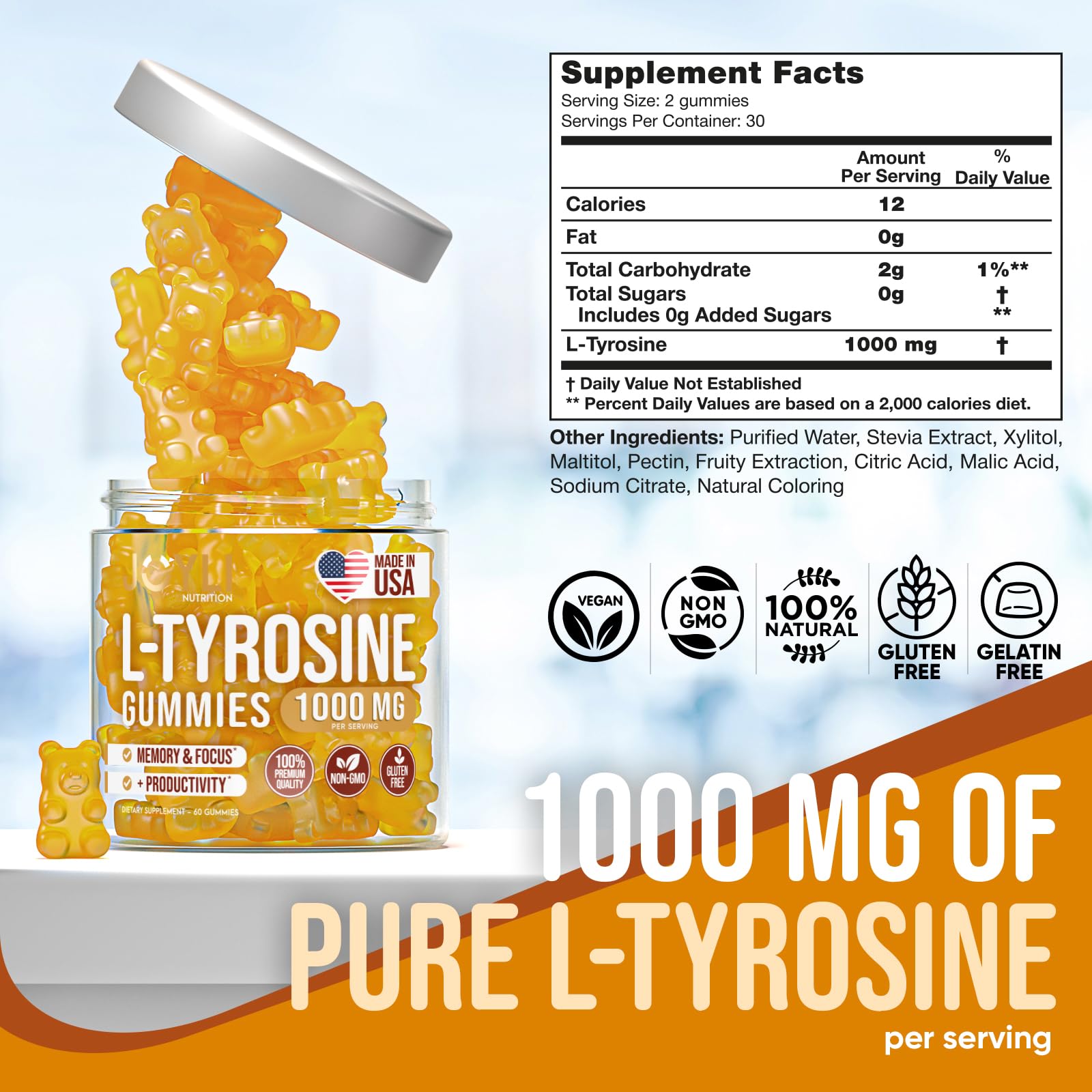 Gommes Joyli L-Tyrosine sur table, douceur naturelle et énergie douce.