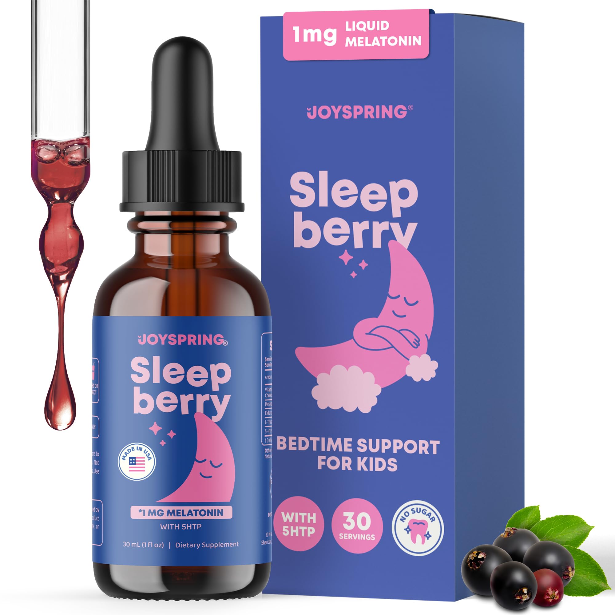 JoySpring mélatonine pour enfants, bouteille avec pipette facilitant le rituel du sommeil.