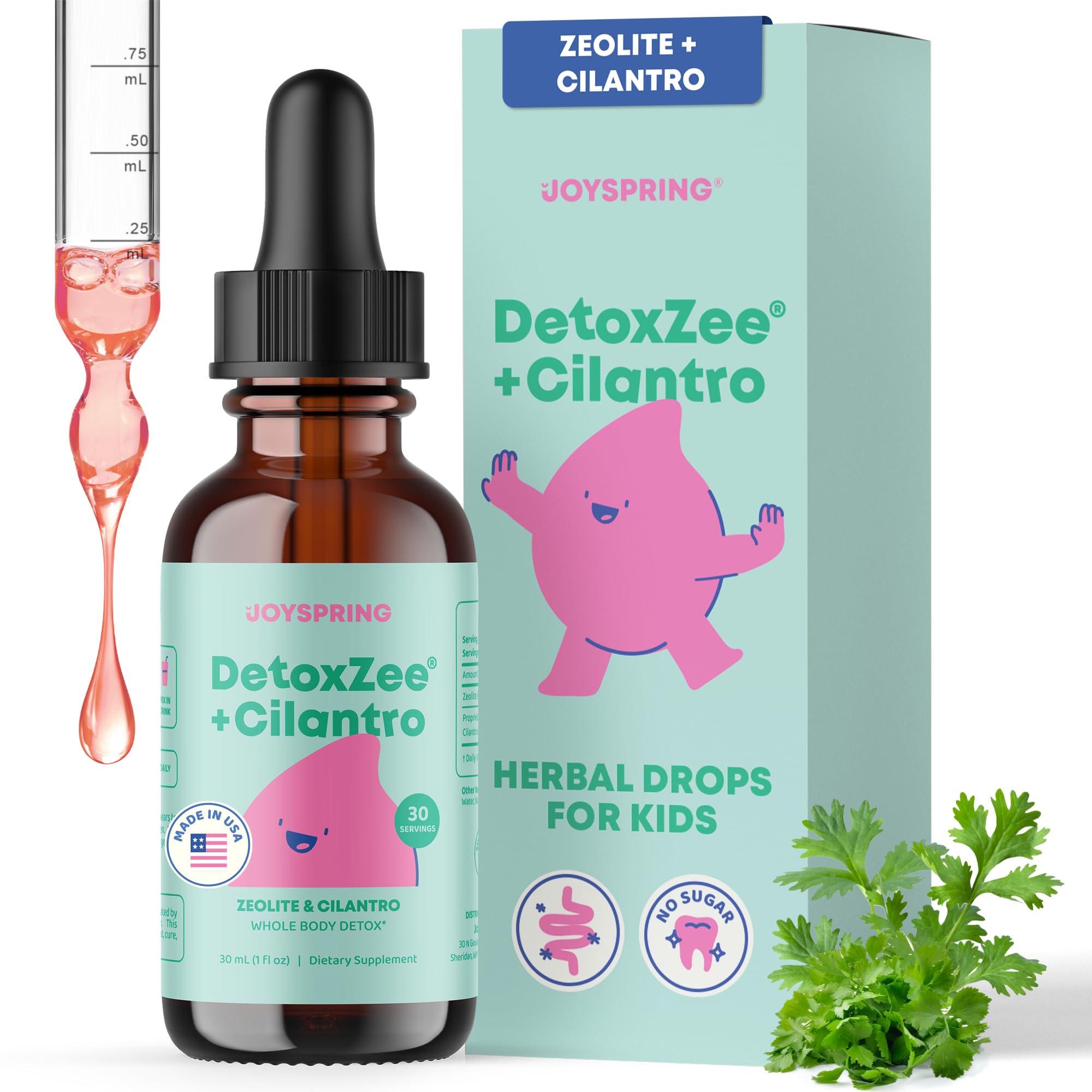 JoySpring DetoxZee gouttes cilantro pour enfants, soutien potentiel à une routine detox douce