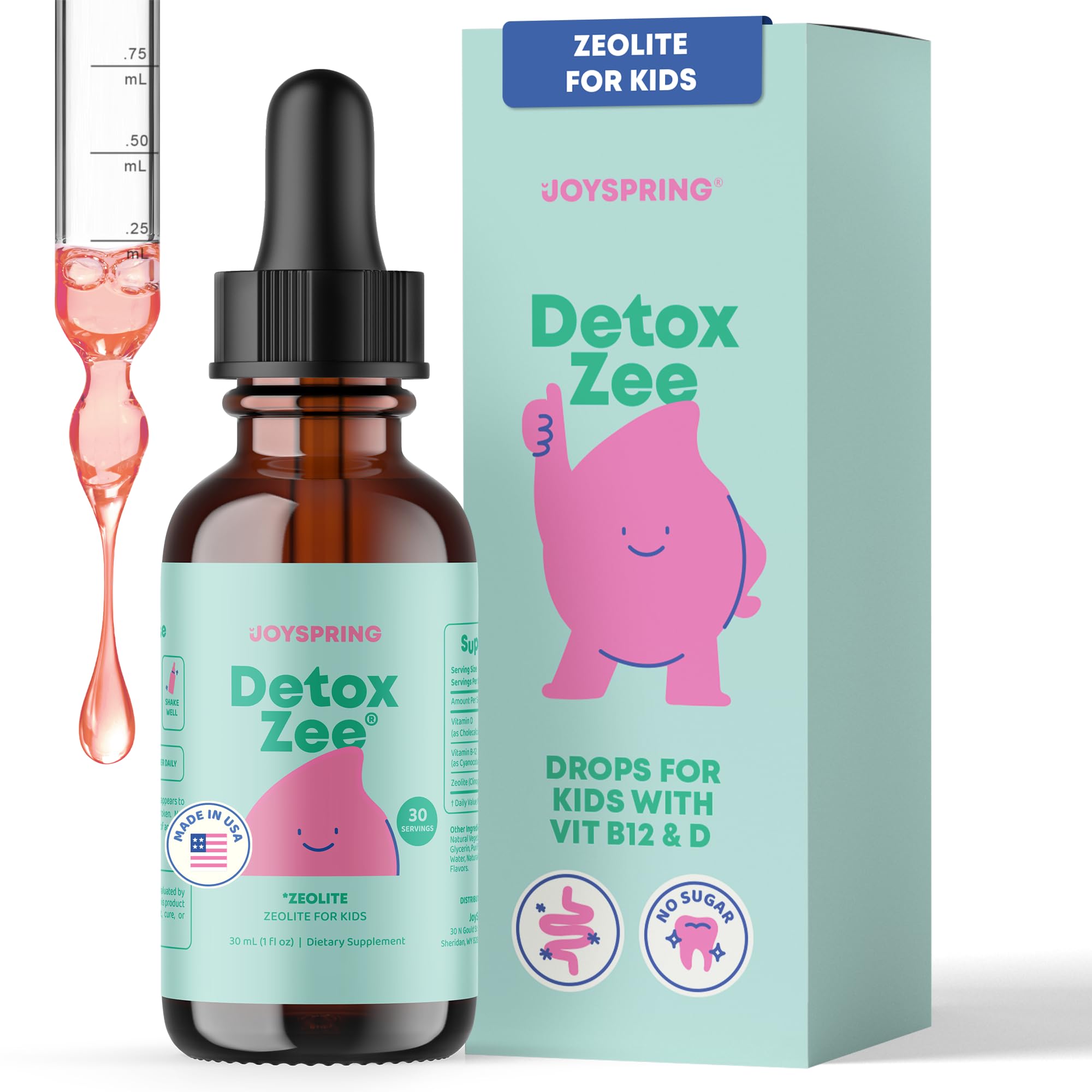 JoySpring DetoxZee gouttes pour enfants dans flacon transparent, prise quotidienne facile.