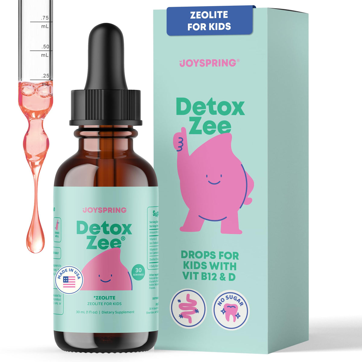 JoySpring DetoxZee gouttes pour enfants dans flacon transparent, prise quotidienne facile.