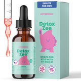 JoySpring DetoxZee gouttes pour enfants dans flacon transparent, prise quotidienne facile.