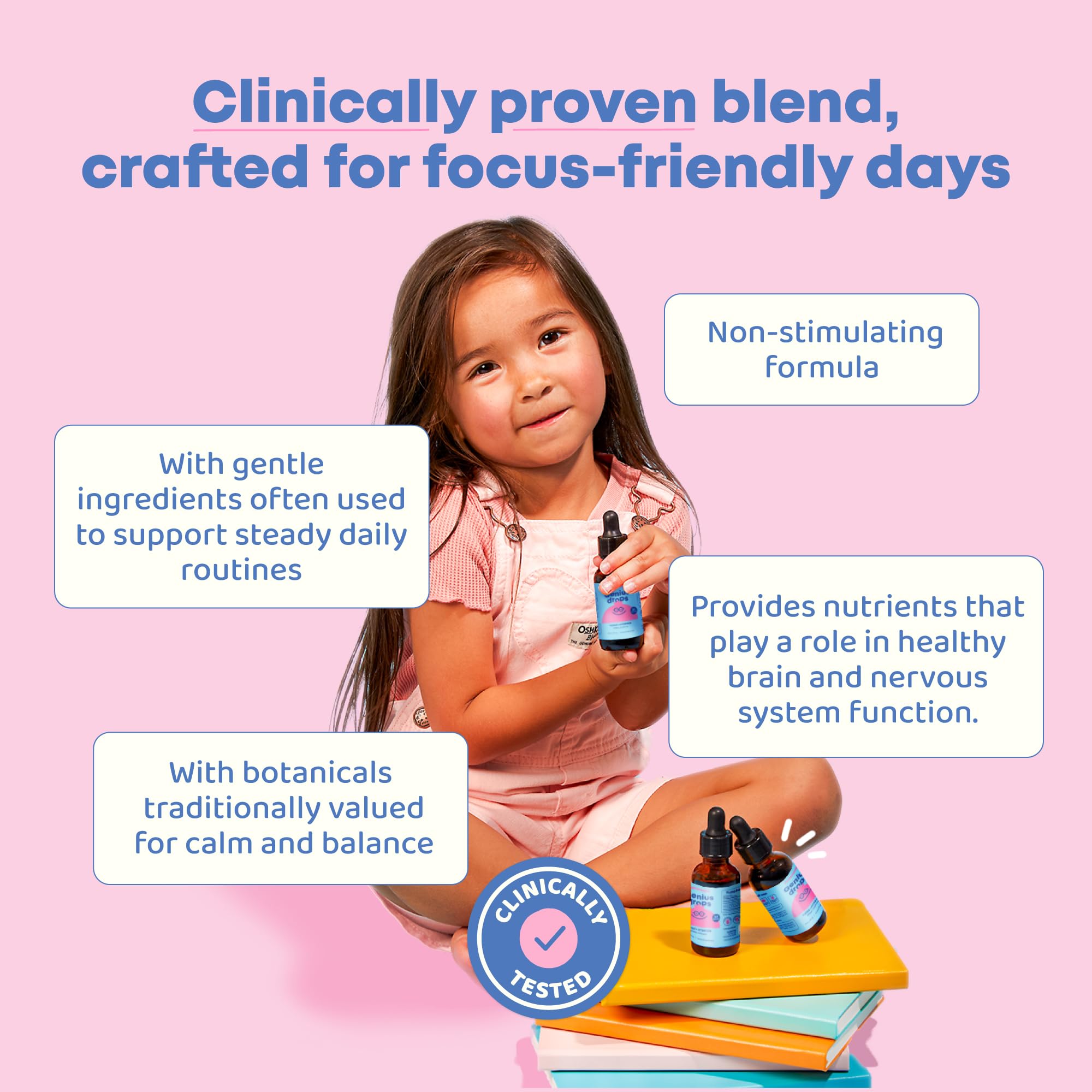 JoySpring Genius Drops pour enfants, gouttes et compte-gouttes facilitant la dose quotidienne.