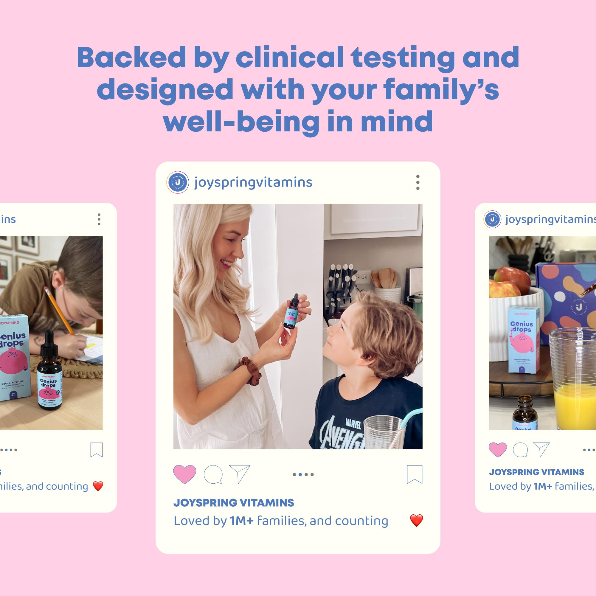 Gouttes JoySpring Genius Drops versées dans un smoothie pour enfants, pratique et discrète.