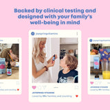 Gouttes JoySpring Genius Drops versées dans un smoothie pour enfants, pratique et discrète.