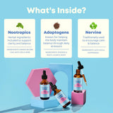 JoySpring Genius Drops – étiquette ingrédients, ingrédients biologiques soutenant l'attention et le calme.