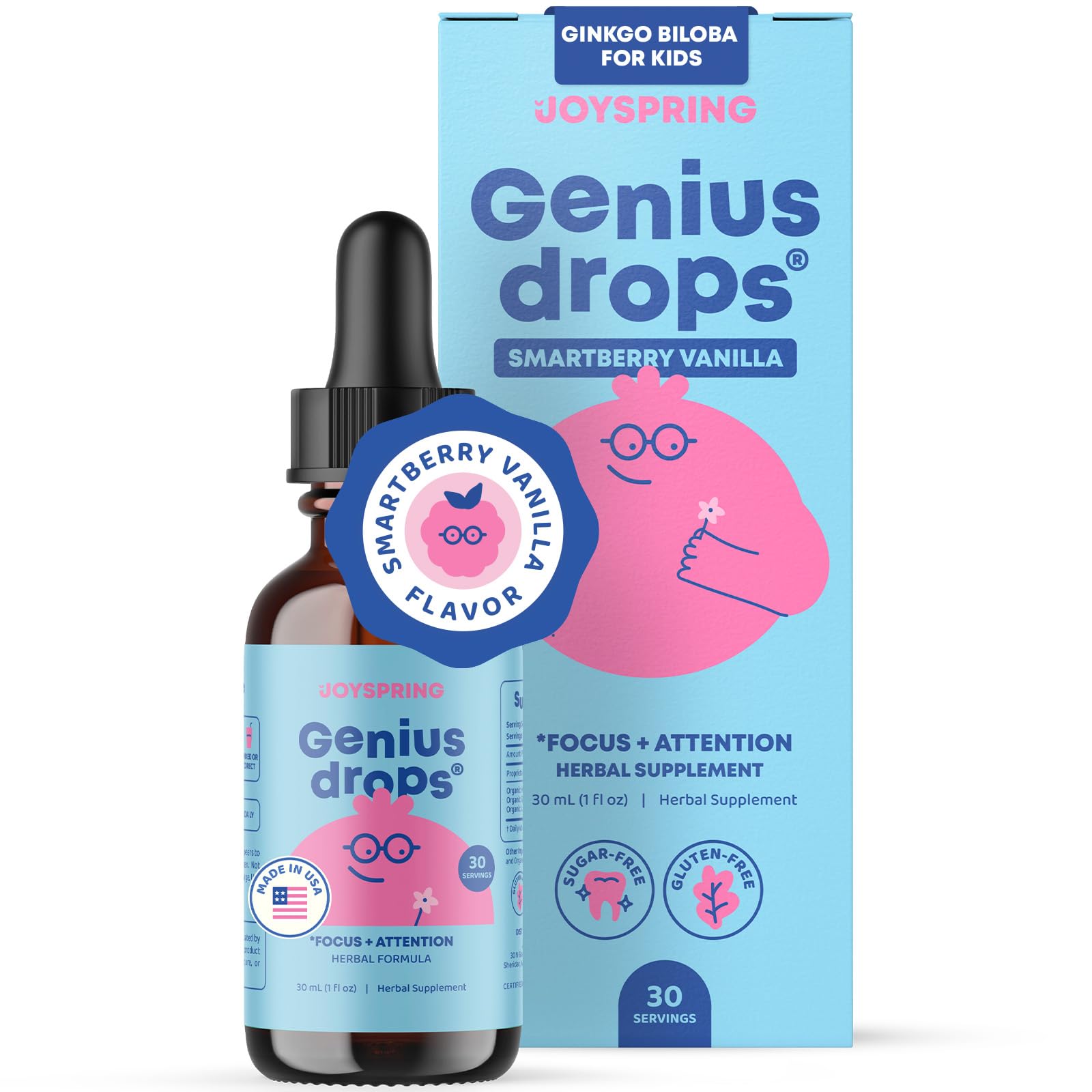 JoySpring Genius Drops Smartberry Vanille — bouteille montrant le flacon, usage quotidien pour l'attention des enfants.
