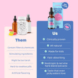 JoySpring Genius Drops Smartberry Vanille — gouttes liquides et flacon ouvert, préparation prête à l'emploi.