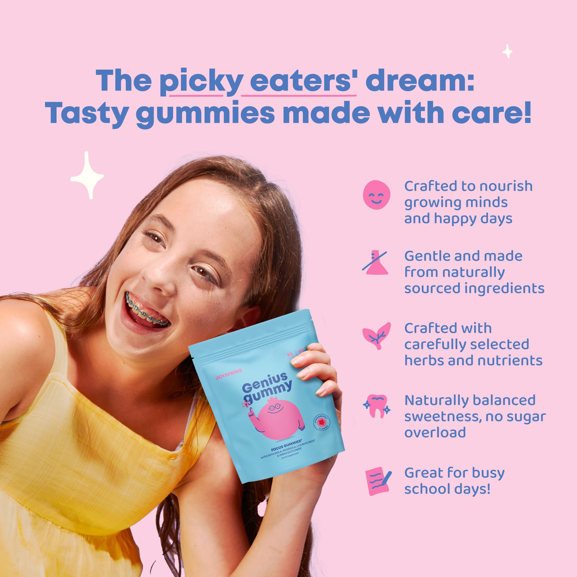 JoySpring Genius Kids Focus Gommes — ingrédients bacopa et gotu-kola pour une formulation naturelle.