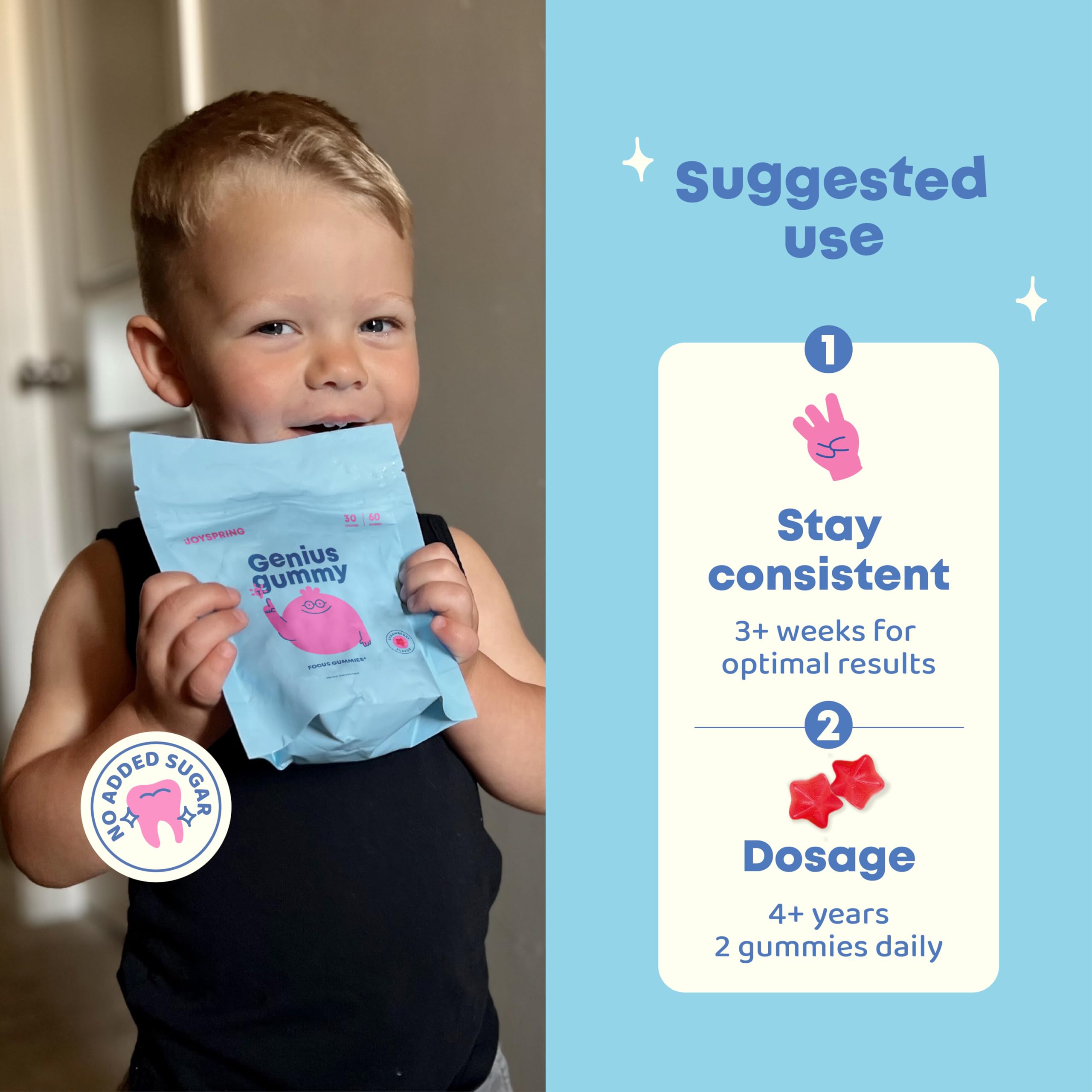 JoySpring Genius Kids Focus Gommes — sans gluten et sans sucre, adapté aux régimes.