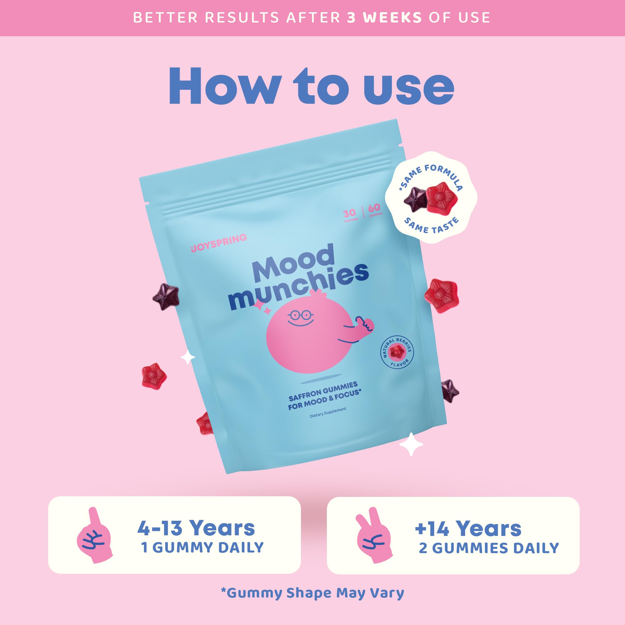 Dosage quotidien JoySpring Mood Munchies pour enfants, routine simple et flexible