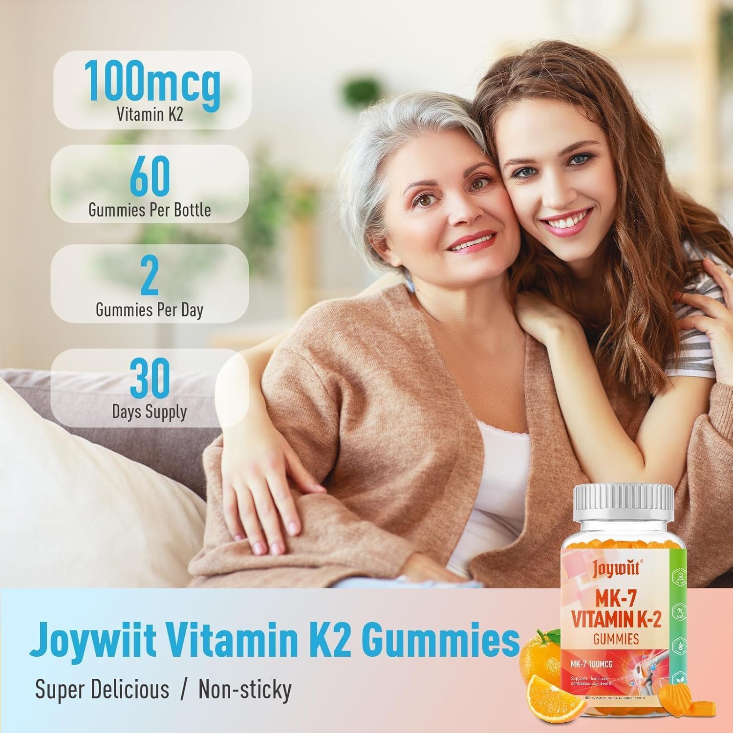 Joywiit K2 MK-7 Gummies emballage clair et pratique.