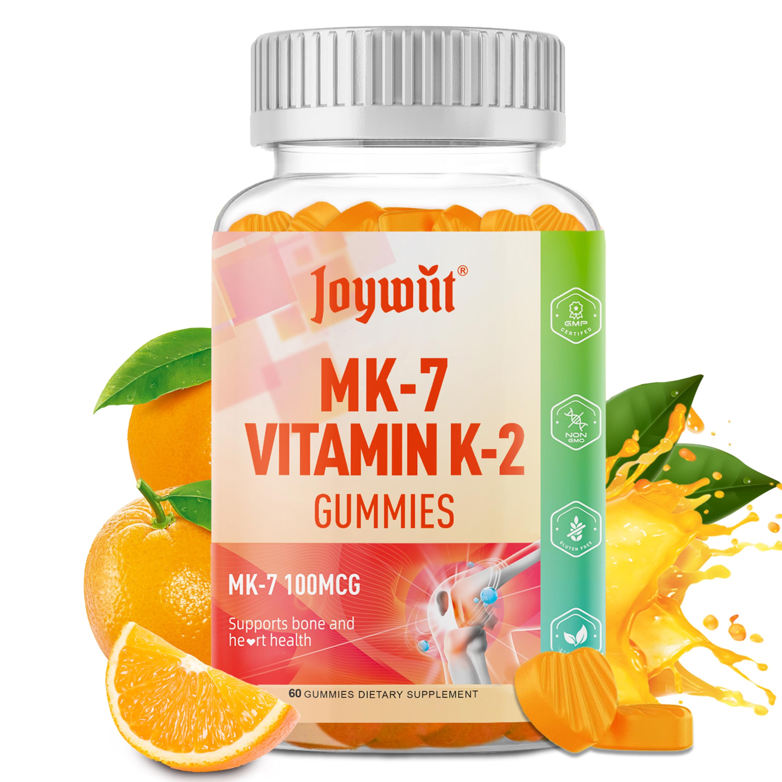 Joywiit K2 MK-7 Gummies saveur orange, 100 mcg, soutien quotidien des os et du cœur.