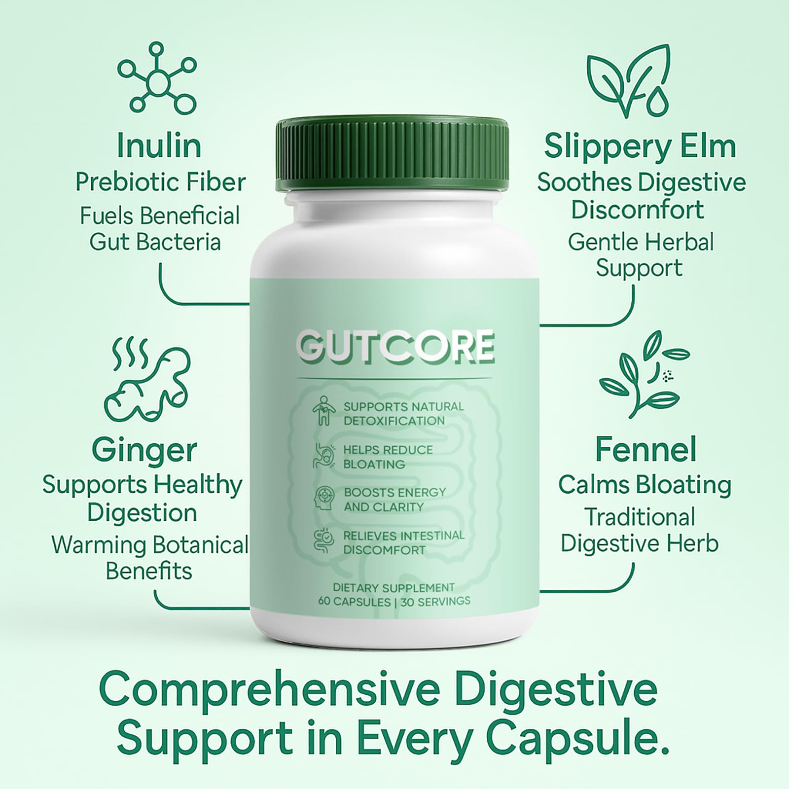 Capsules végétariennes Jqewlg GutCore faciles à avaler pour une routine digestive.