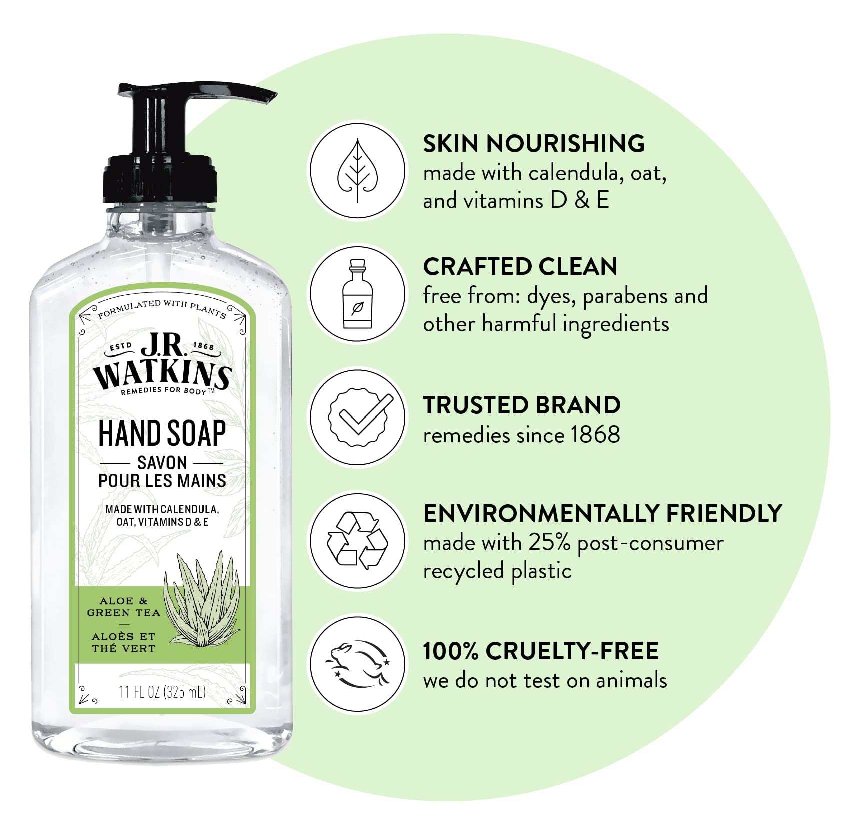 J.R. Watkins Savon mains gel Aloe Thé Vert – arôme équilibré.