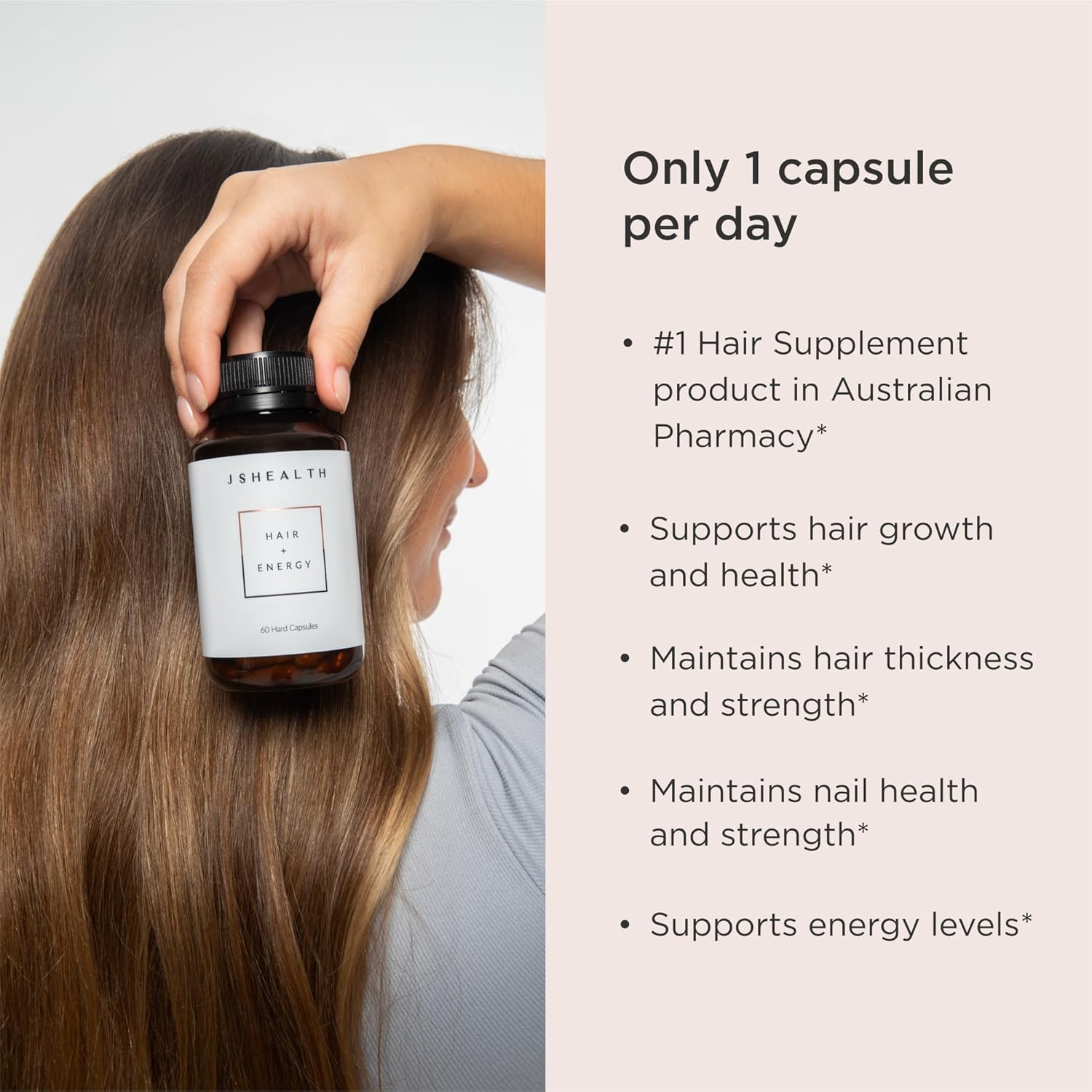 JSHealth Hair Energy – capsules gros plan, soutien possible pour cheveux forts et énergie durable.