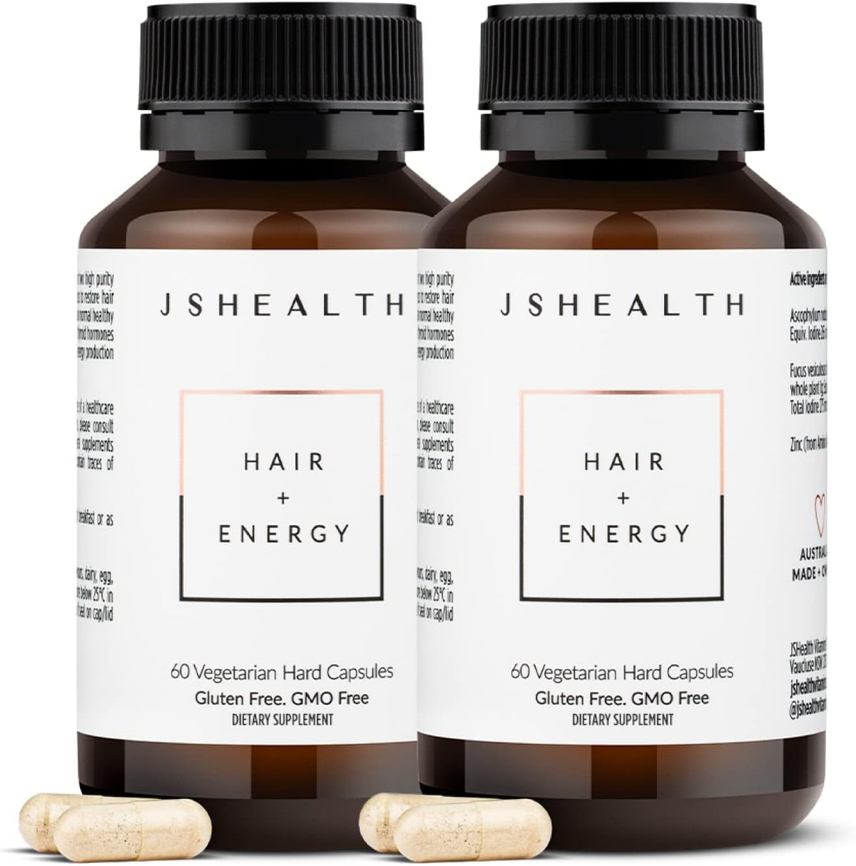 JSHealth Hair Energy Formule – bouteille affichant l'étiquette, soutien possible des cheveux sains et énergie quotidienne.
