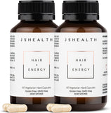 JSHealth Hair Energy Formule – bouteille affichant l'étiquette, soutien possible des cheveux sains et énergie quotidienne.