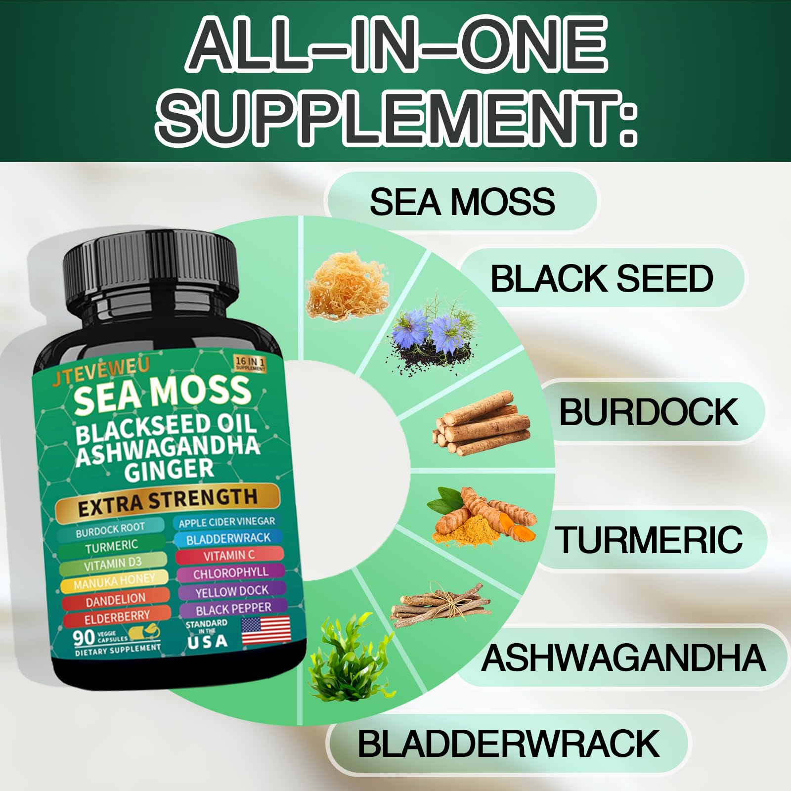 Capsules JTEVEweu Ashwagandha et Gingembre, soutien potentiel énergie