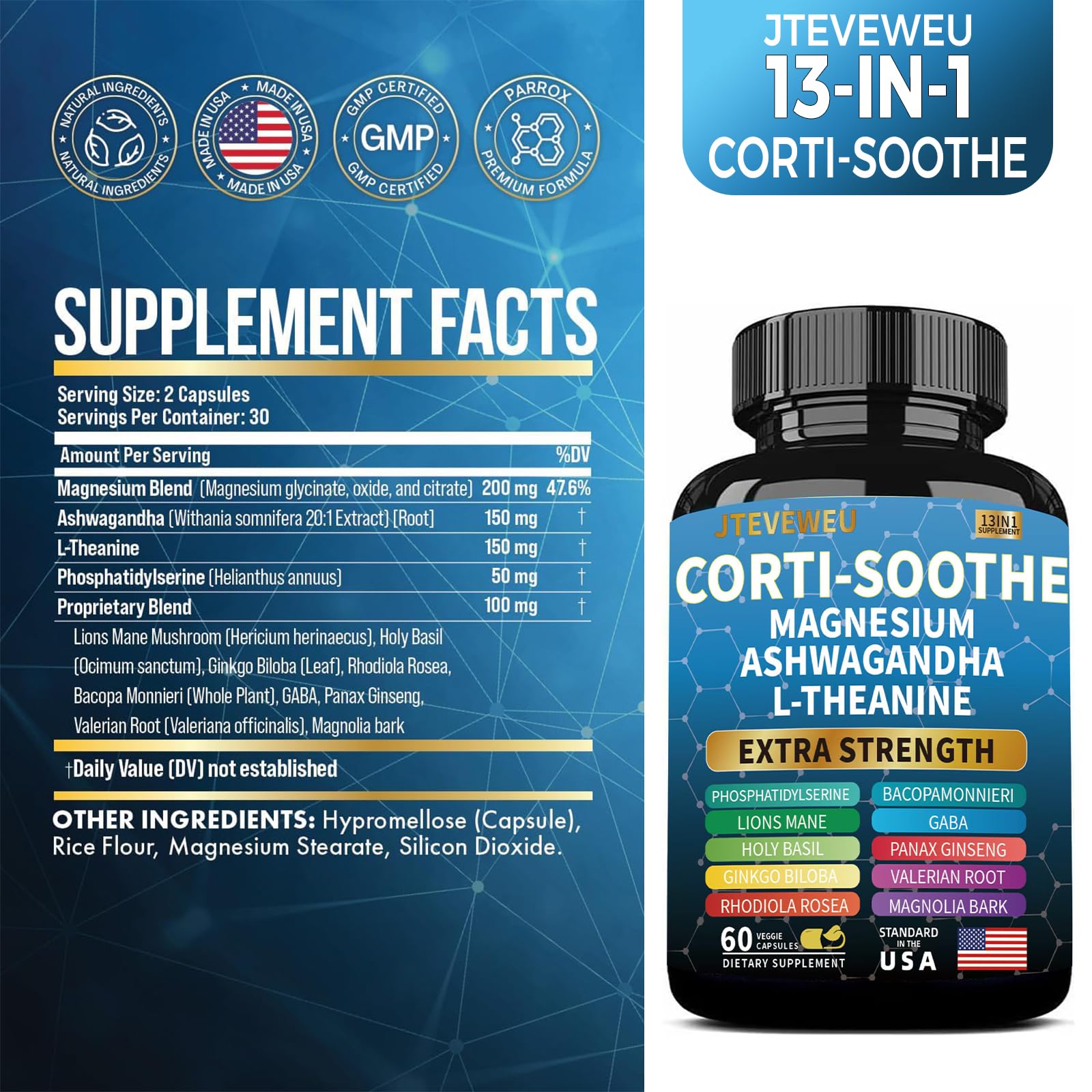 Gélules Corti-Soothe JTEVEweu, format pratique pour routine anti-stress.