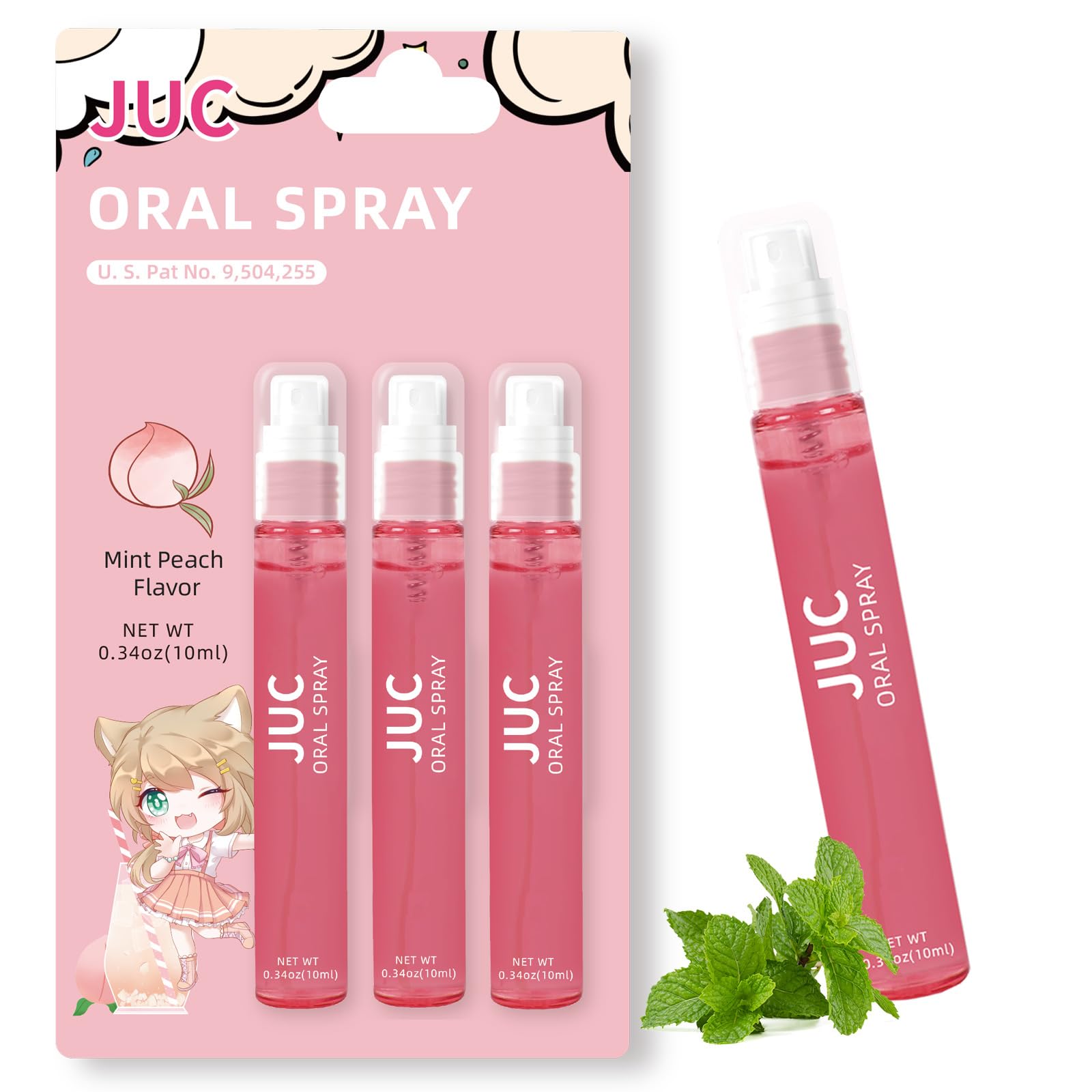 JUC triple flacons menthe-pêche pour rafraîchir l'haleine en déplacement