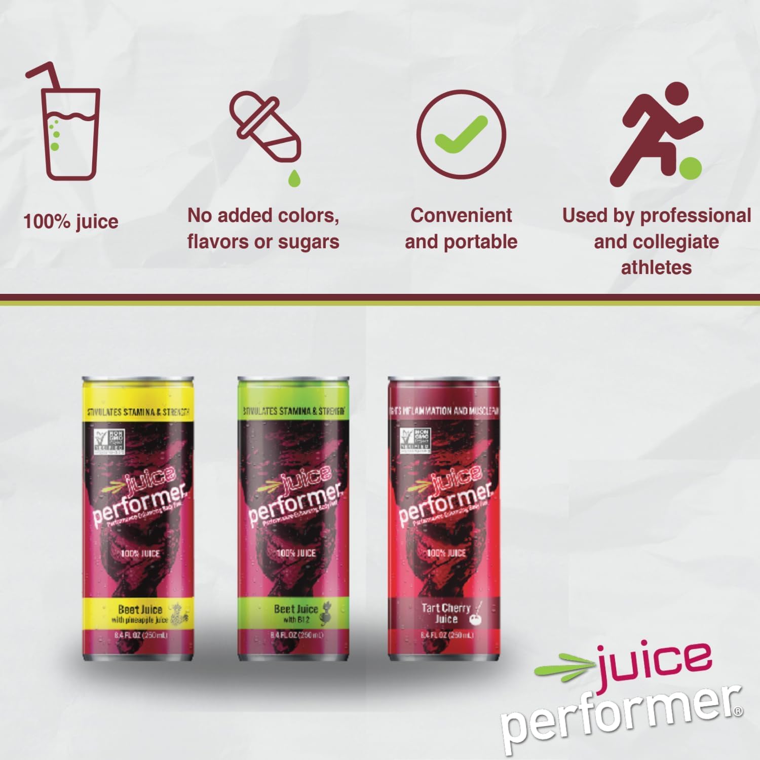 Juice Performer Tart Cherry – Étiquette lisible et promesse sans gluten.