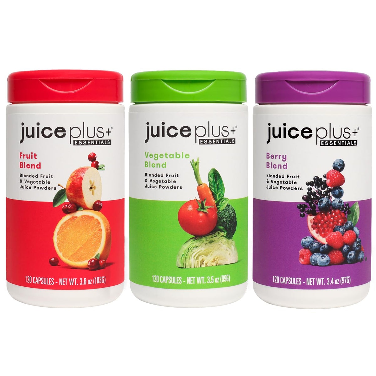 Juice Plus+ : bouteille avec capsules fruits, légumes et baies pour un apport nutritionnel pratique.