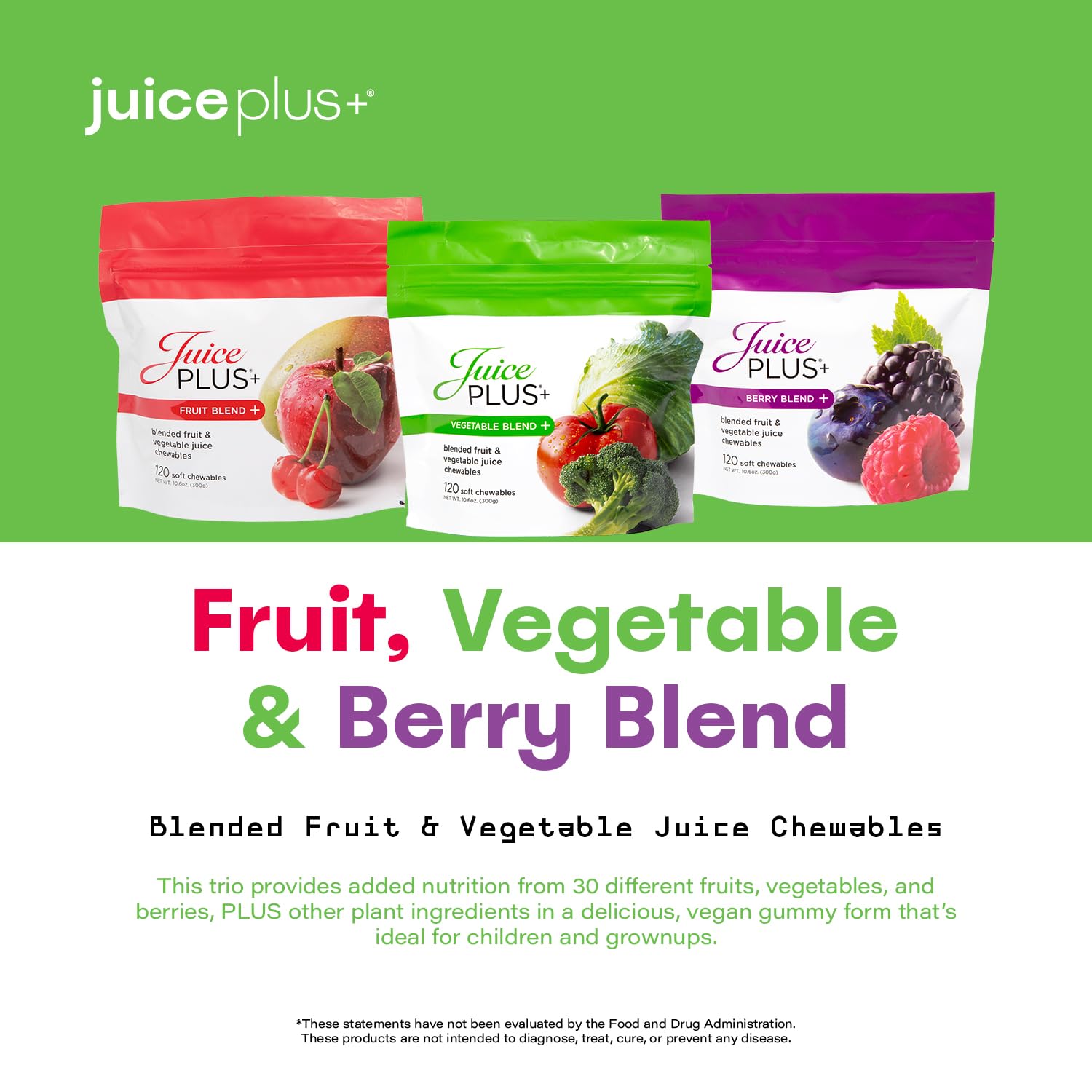 Juice Plus+ solutions santé quotidiennes, goût agréable et pratique.