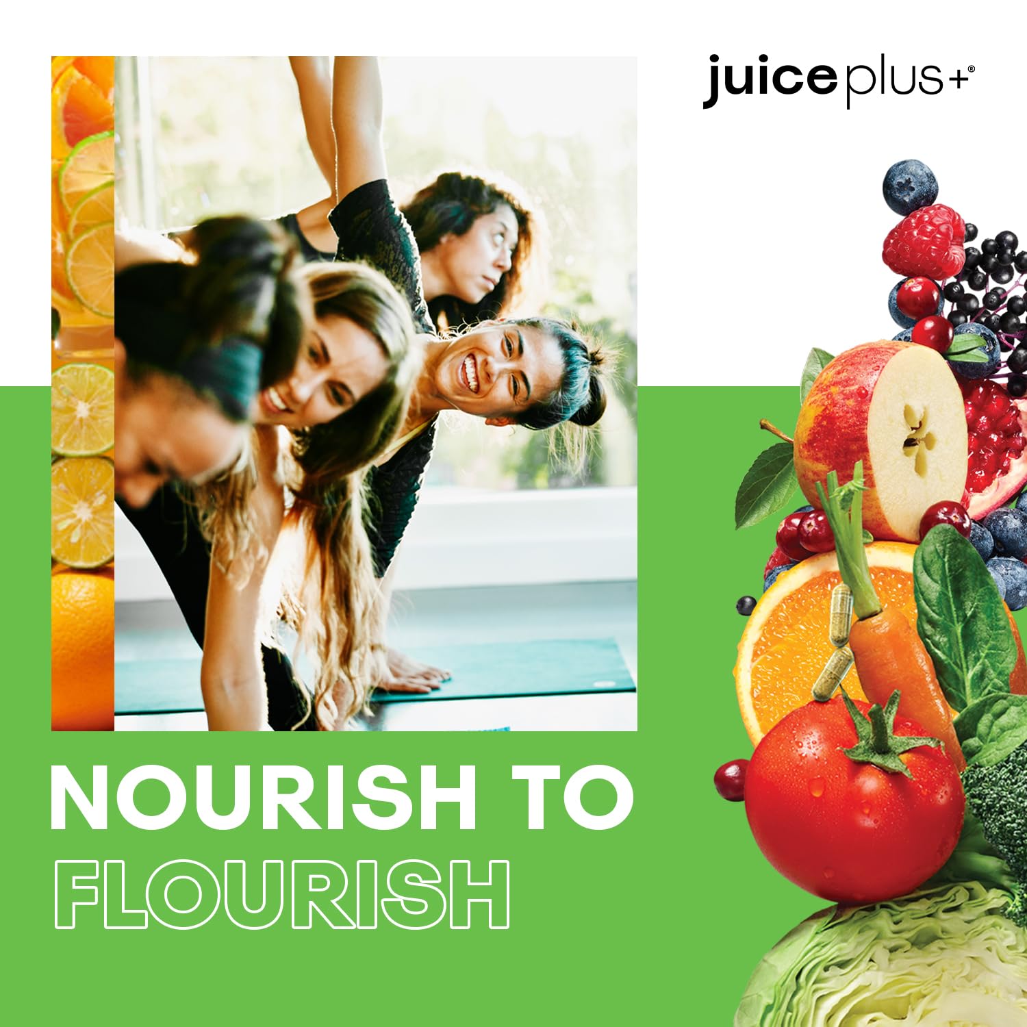 Lot de trois bouteilles Juice Plus+ prêt à être utilisé quotidiennement.