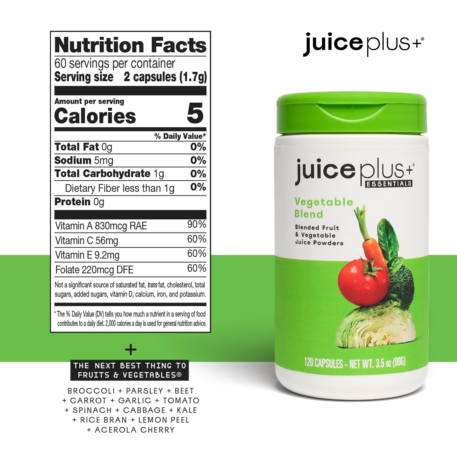 Mélange fruits-légumes-baies Juice Plus+ pour un apport nutritionnel diversifié.