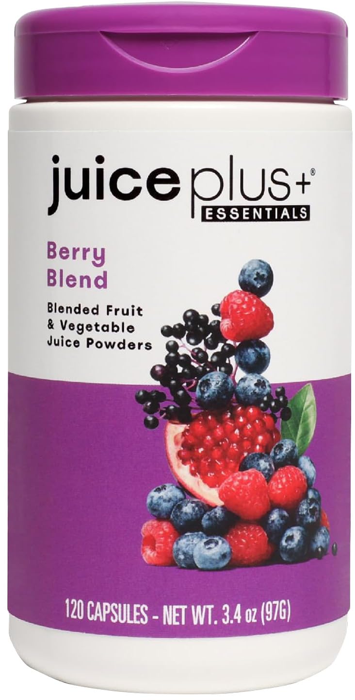 JuicePlus+ Mélange-baies – bouteille montrant l'emballage, pratique pour un apport quotidien en fruits.